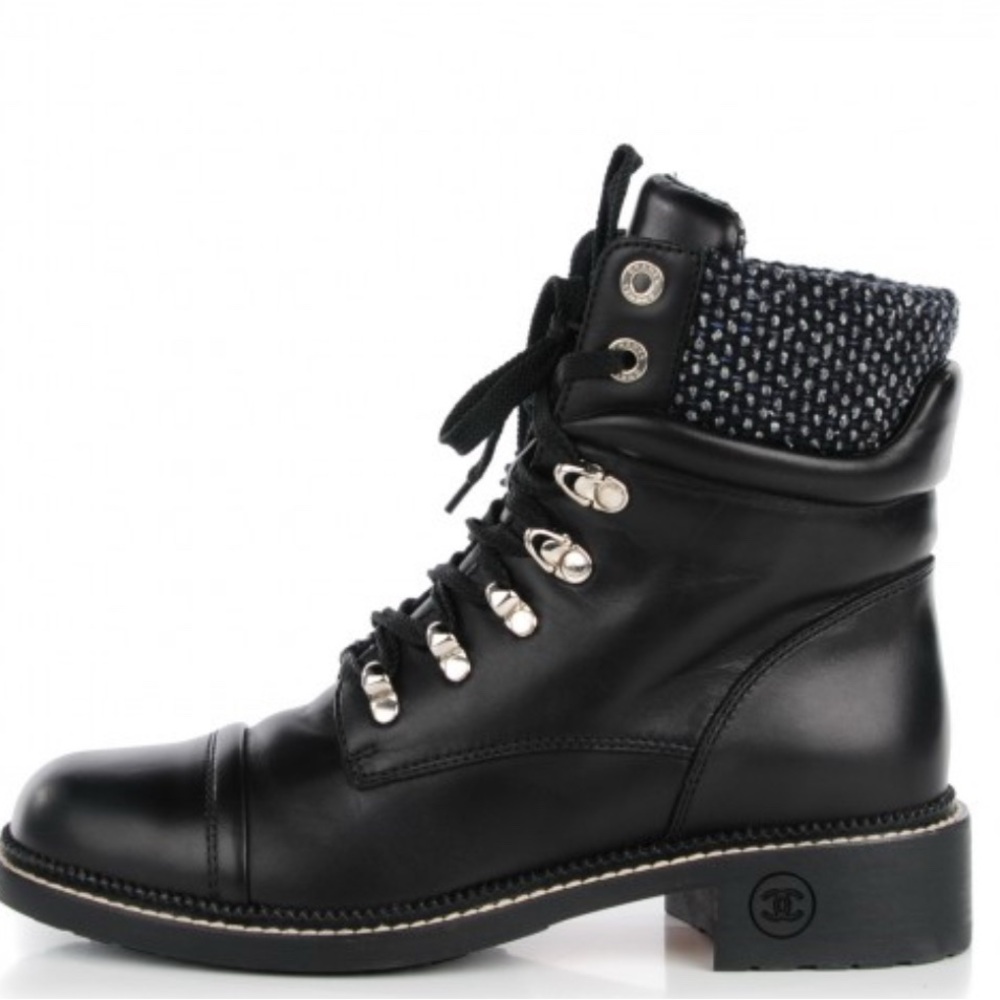 CHANEL Calfskin Wool Combat Boots